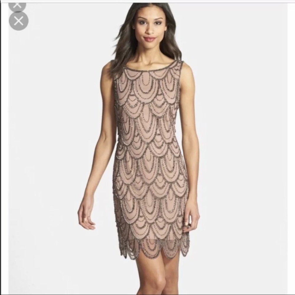 Pissarro Nights Flapper Style Rose embellished mesh scalloped sheath mini dress